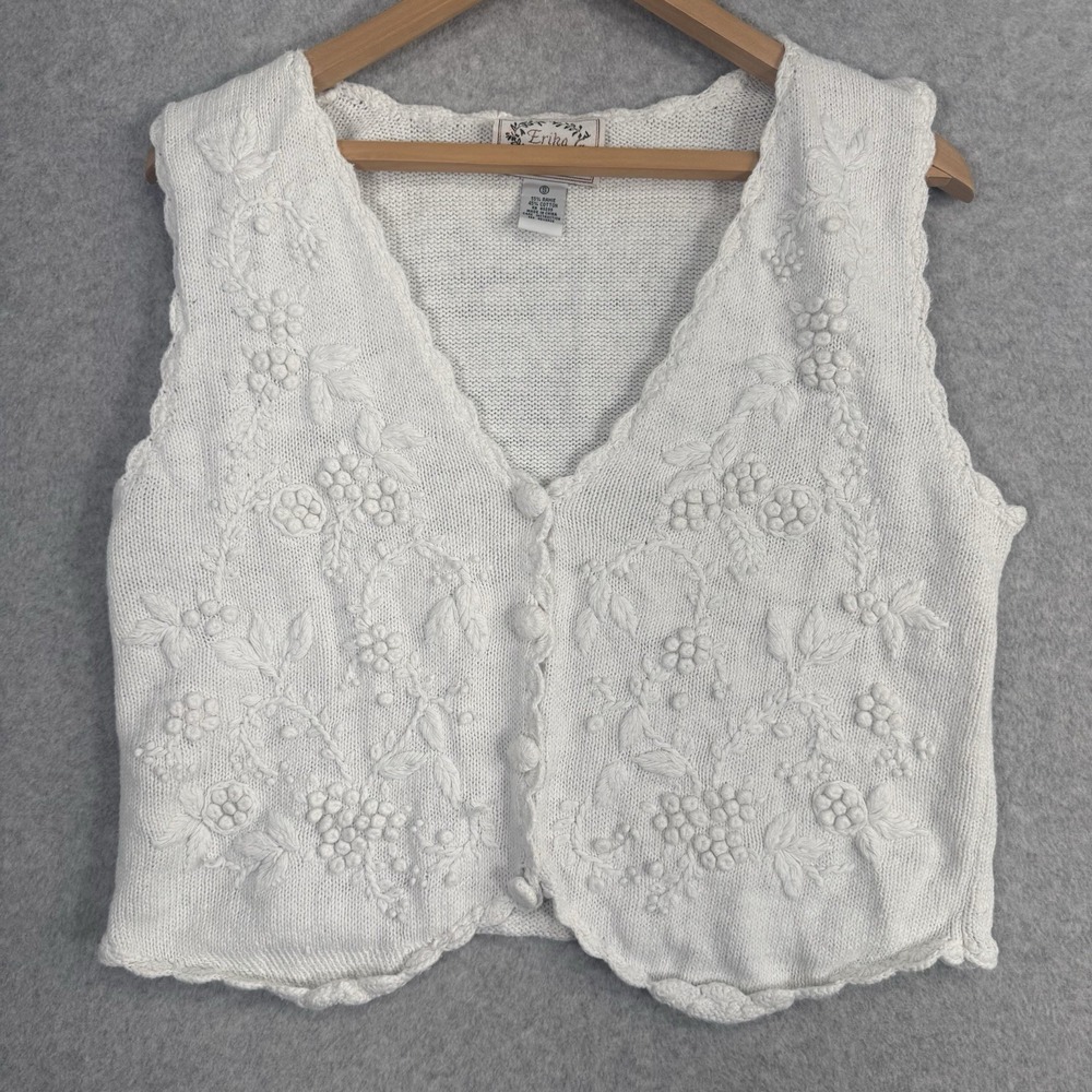 Erika White V-Neck Floral Knit Sweater Vest